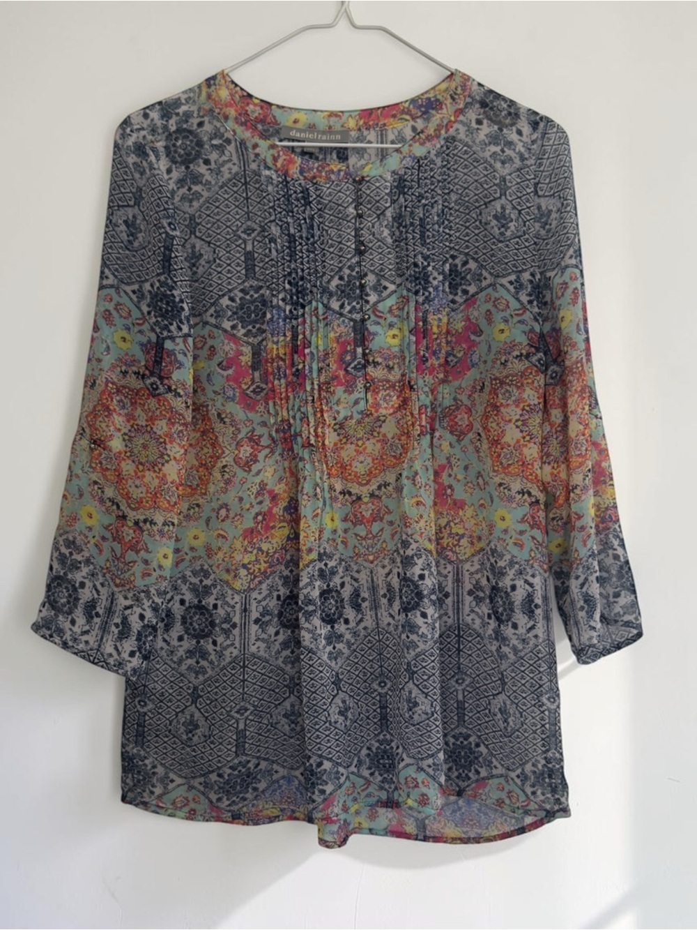 Daniel Rainn Semi Sheer Pintuck Boho Mosaic Geometric Blouse Small